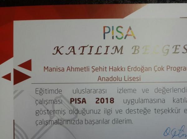 OKULUMUZA PISA 2018 KATILIM BELGESİ VERİLDİ.